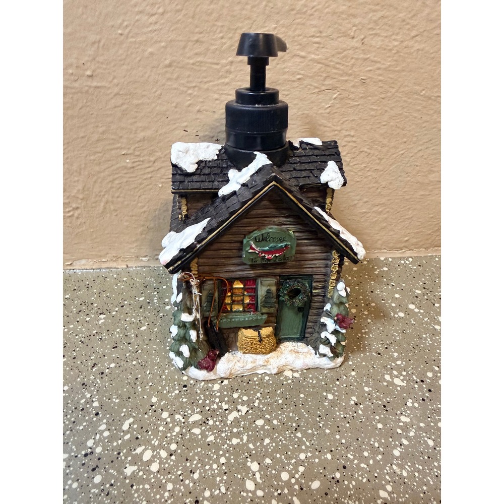 Winter Log Cabin Soap Dispenser Snow Covered Lake Lodge Moose Decor - Picture 2 of 6